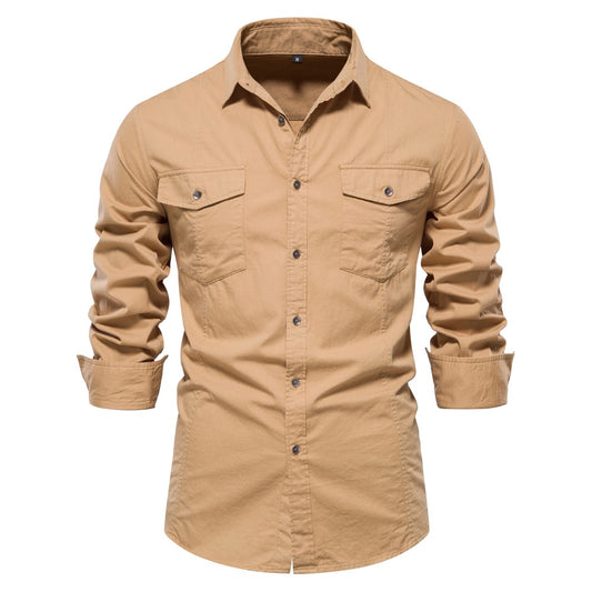 AIOPESON 2023 New Autumn Military Style 100% Cotton Pocket Shirt for Men Solid Color Slim Casual Men Shirts Long Sleeve