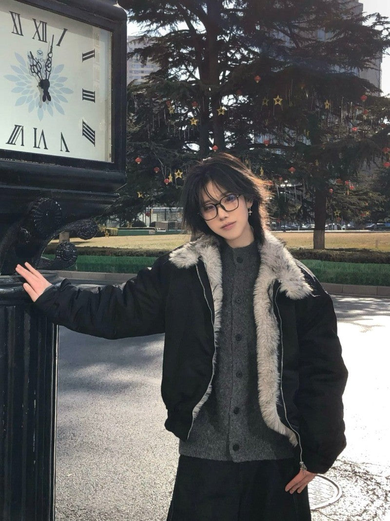 2025 Winter New Fashion Mountain Carving Imitation Wolf Fur Coat Men and Women Y2K Harajuku Hip-hop Pop Bomber Jacket Cleanfit