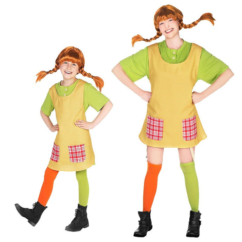 Pippi Longstocking Cosplay Costume Full Set Green T-Shirt Apron Colorful Stockings Halloween Book Character Outfit