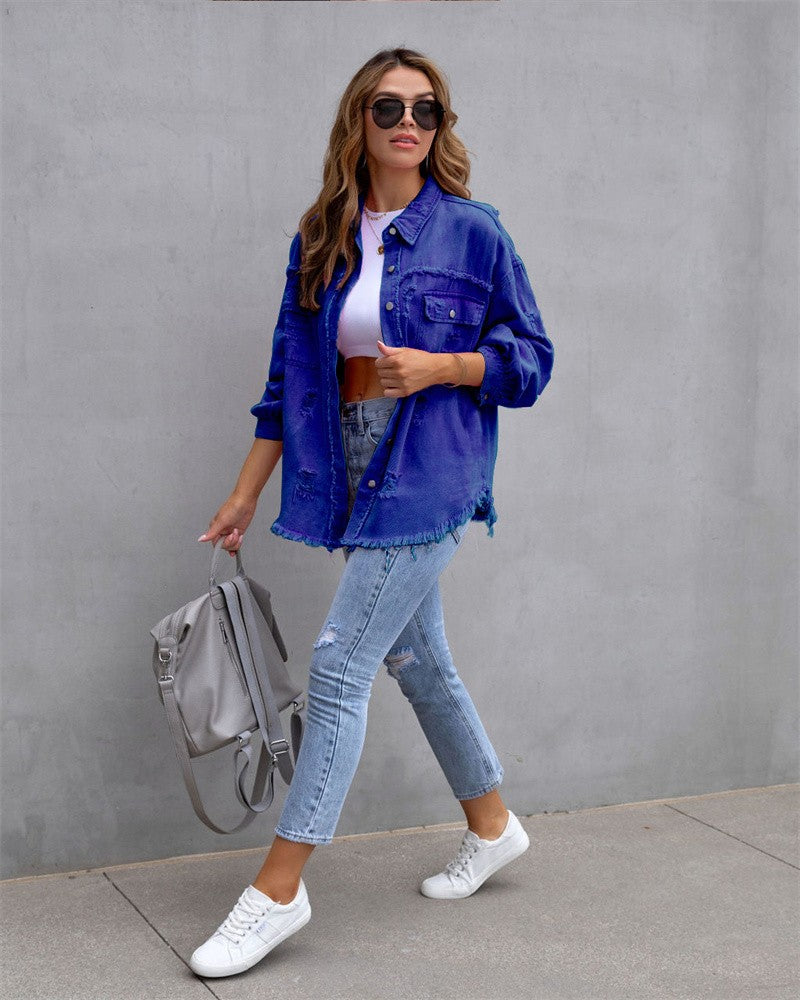 2023 Holes Raw-edges Denim Jacket Women Spring Autumn Shirt Style Jeancoat Casual Top Rose-Red Orange Purple Outerwear Lady Coat