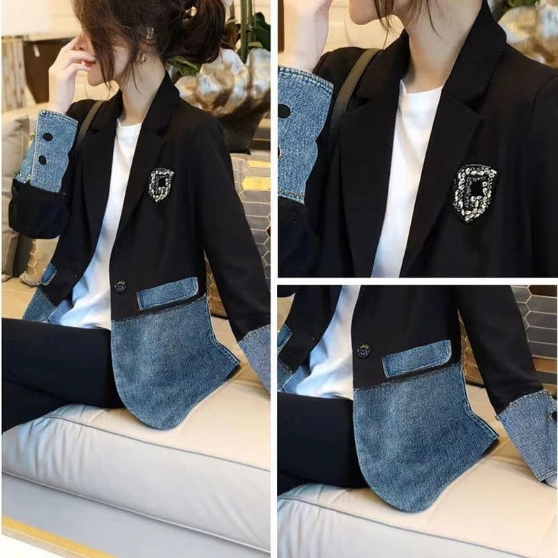New Autumn 2025 Fashion Korean Version Loose Women Denim Jacket Splicing Suit Ladies Denim Outerwear Elegant Female Jeans Coat