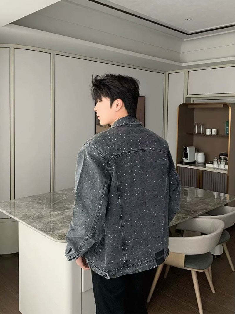 American Trendy Denim Jacket Mens Make Old Flash Diamond Fashion Outwear Spring Single-breasted Street Couple Cowboy Coats