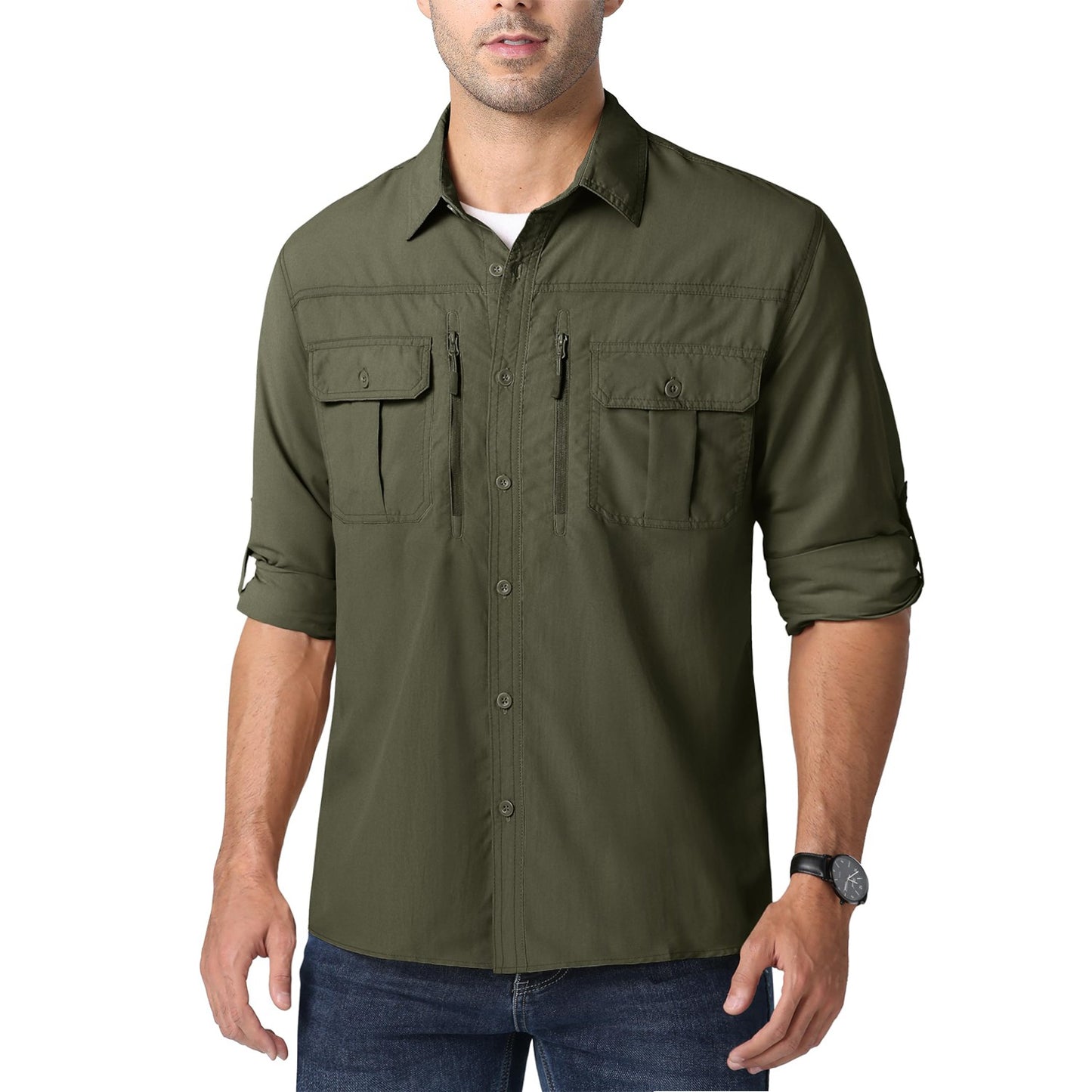 MAGCOMSEN UPF 50+ Mens Quick Dry Cargo Shirts Mesh Breathable Long Sleeve Work Shirts UV block Outdoor Hiking Fishing Shirts
