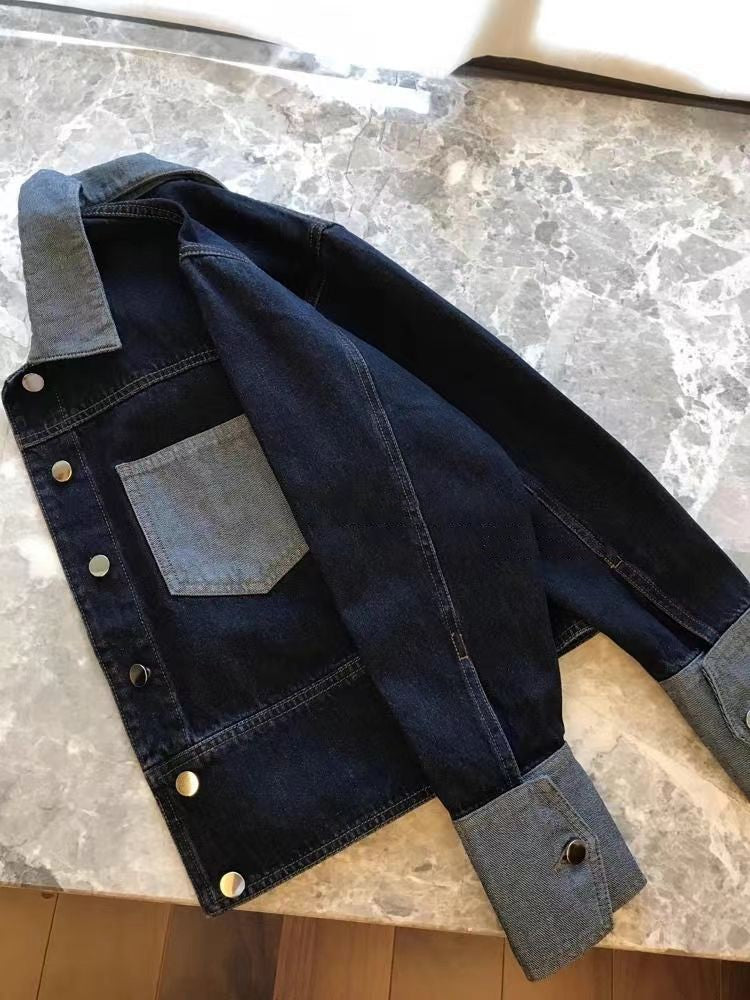 Retro Contrasting Color Laple Denim Jacket for Women 2024 Autumn New Loose Single-breasted Coats Casual Versatile Short Top