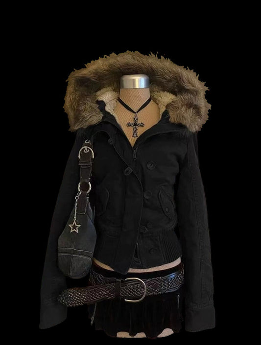 American hot girl big fur collar slim short jacket for women buckskin velvet waist slimming hooded cardigan sweatshirt