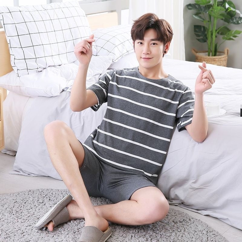 Summer Men's Pajamas Homewear Set Men's Short-Sleeved Shorts Teenage Students Cartoon Striped Casual Pajamas Homewear Set
