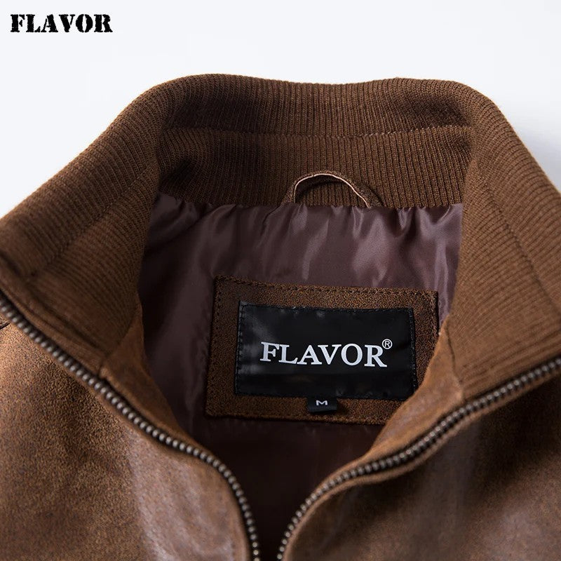 FLAVOR Men's Real Pigskin Leather Bomber Casual Jacket Stand Collar Leather Coat