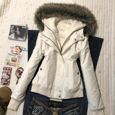 2025 Fashion Retro New Style Fur Collar Zipper Hooded Short Jacket Harajuku Street Loose Casual Solid Color Slim Short Jacket