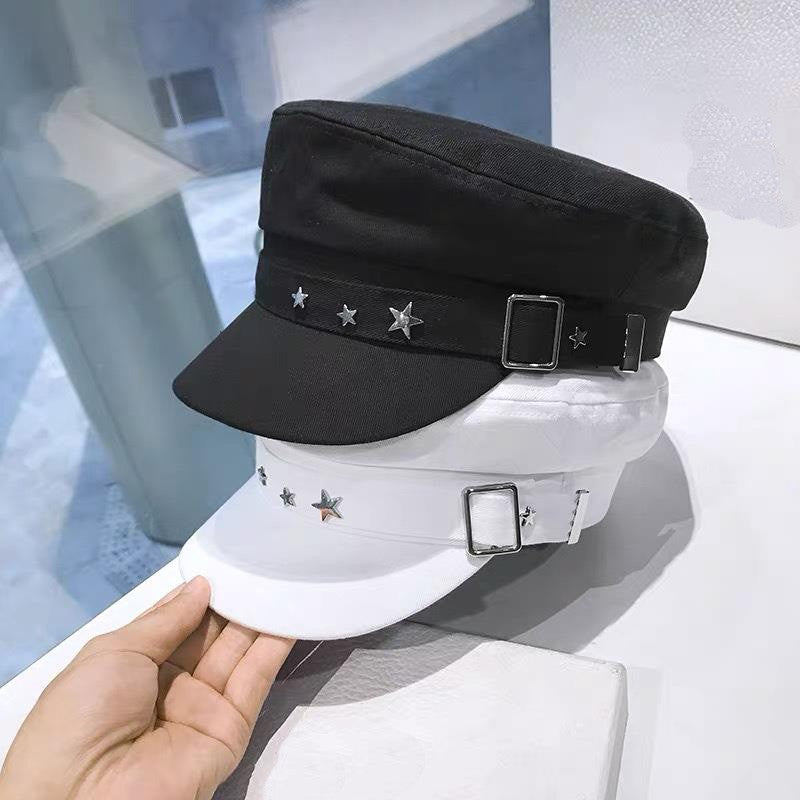 Chapéu Feminino Fashion com Fivela de Metal, Boné Octogonal de Algodão, Boina de Estrela Elegante para Inverno, Boina Estilo Cinto, Chapéu Plano Streetwear