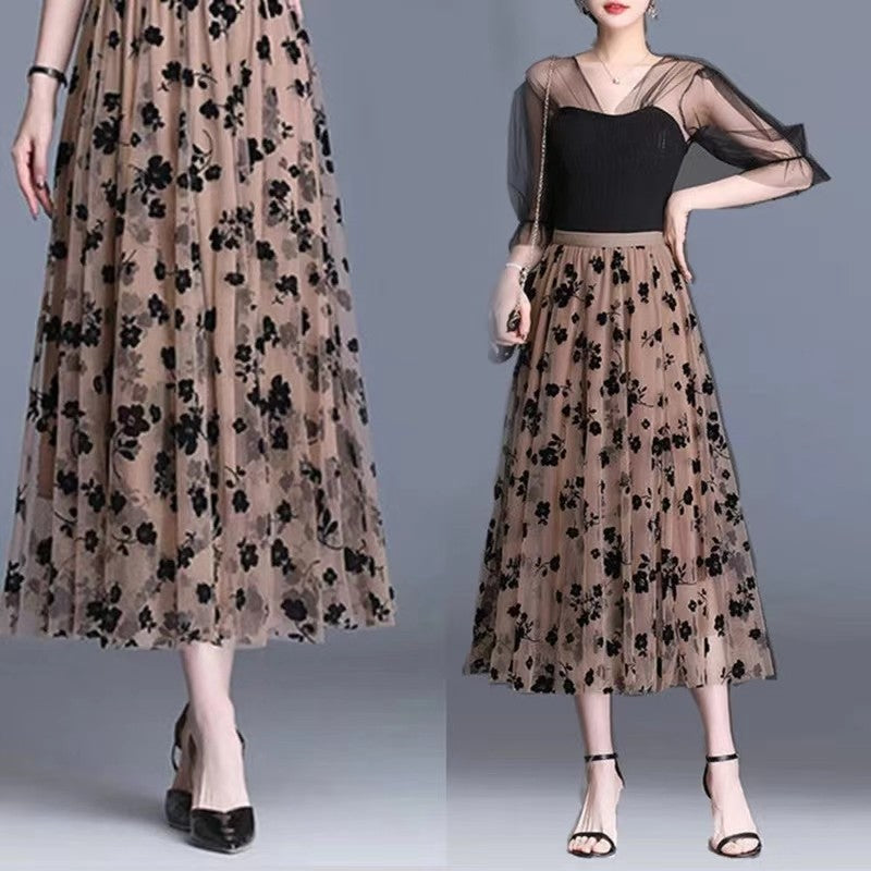 Korean Women Tulle Skirt Fashion Summer Hook Floral Loose Midi Skirt Elegant Fem