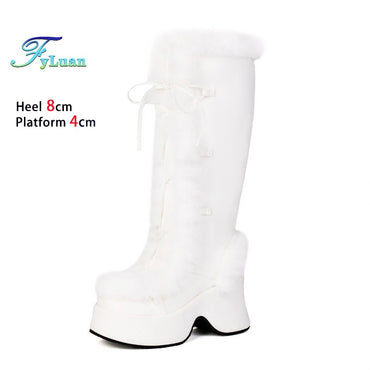 8CM Chunk Heels Winter Warm Knee High Boots Women Snow Short Plush Platform Boots Faux Fur Cosplay Lace-up Long Shoes Size 34-43