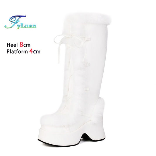 8CM Chunk Heels Winter Warm Knee High Boots Women Snow Short Plush Platform Boots Faux Fur Cosplay Lace-up Long Shoes Size 34-43