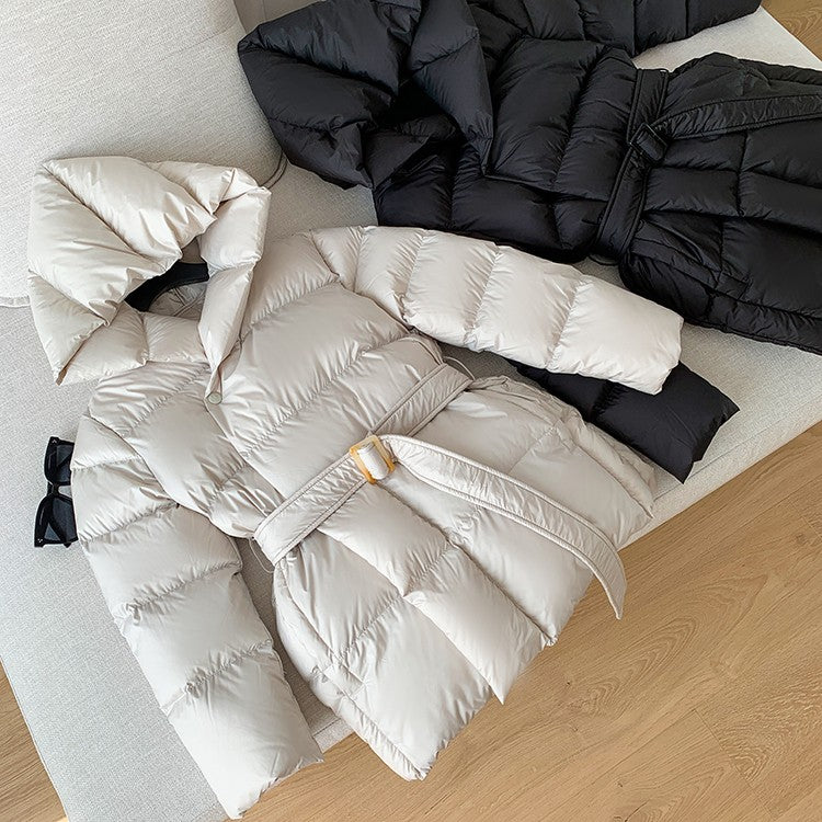 2025 Winter Women's Down Jackets Ultra Light Warm Cusual Coat Female Puffer Jacket With Belt Plus Size Hooded Short Parka