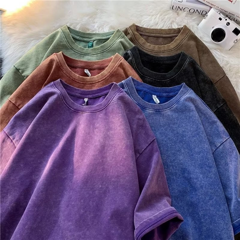 American Style Retro Heavyweight Solid Color Short Sleeved T-shirt Men Women Summer Street Trendy Washed Old Oversized Clothes