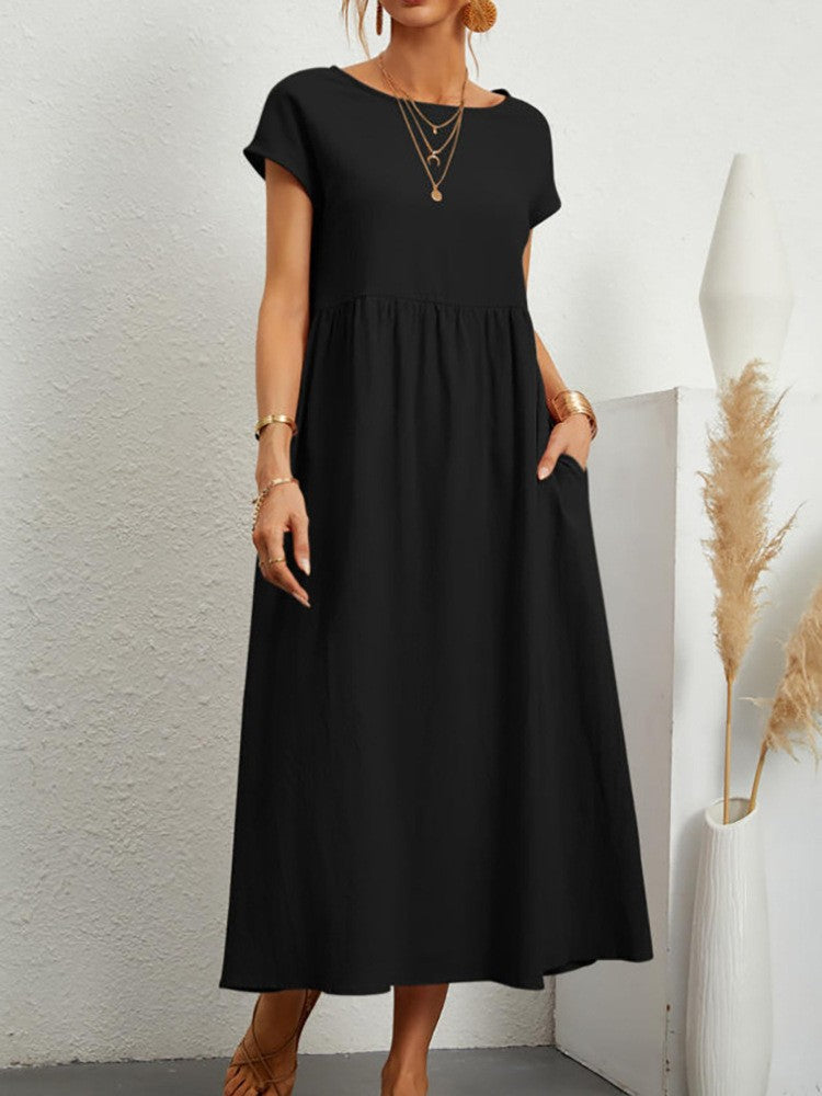 Women Vintage Solid Dress 2023 Summer Elegant O Neck Short Sleeve Cotton Linen D