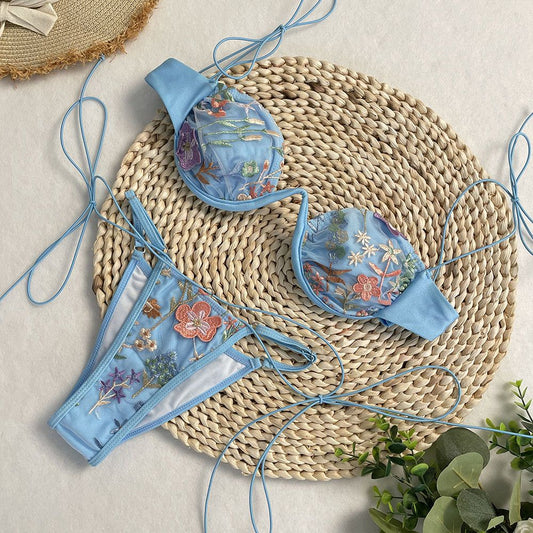 DEBAIOR 2025 Women Bikini Set Floral Embroidery Lingerie Set Women Sheer 2-Piece Boho Bra + Panty Underwear Set Intimates