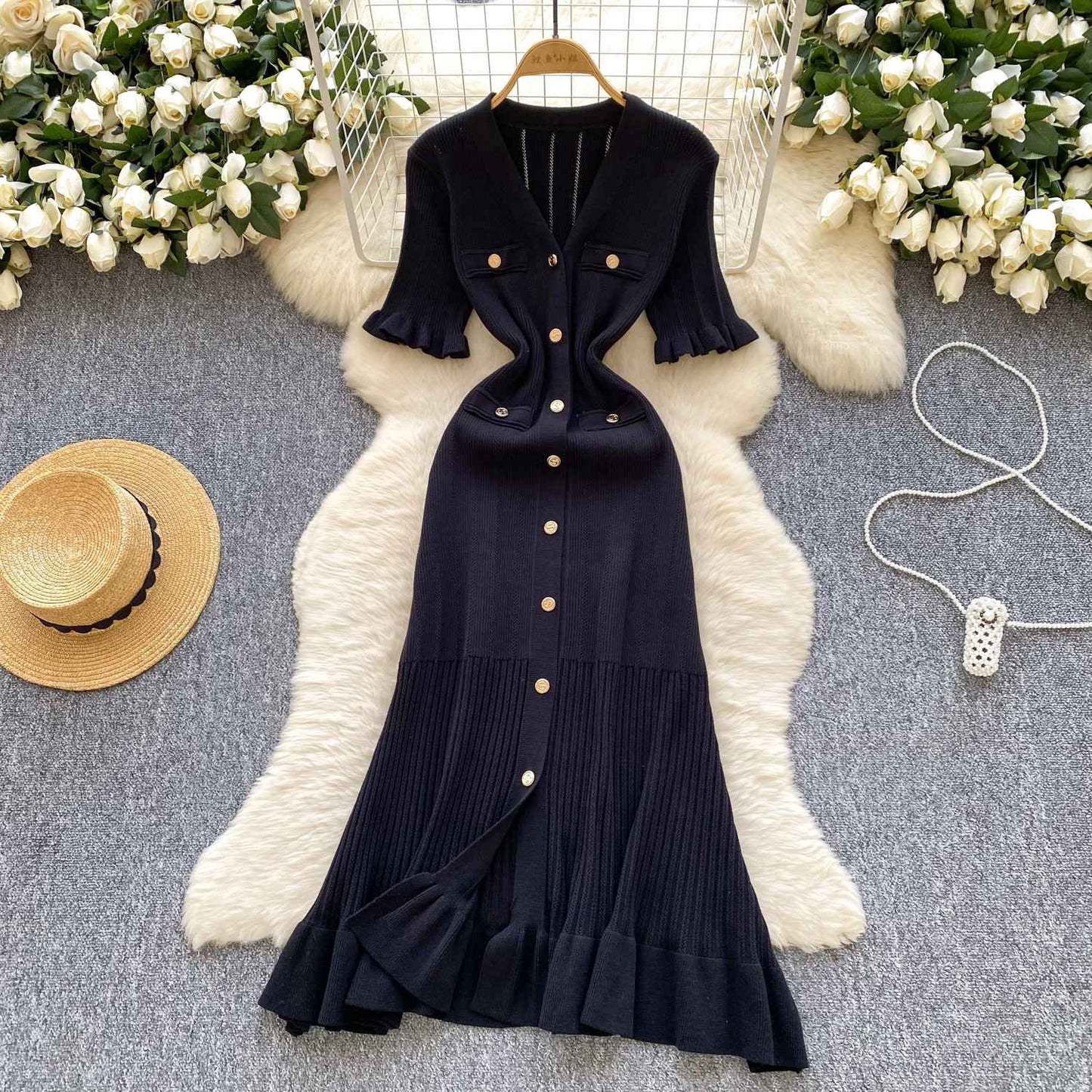 SINGREINY Summer OL Knit Dress 2025 Women V Neck Button Design Slim Mermaid Sund