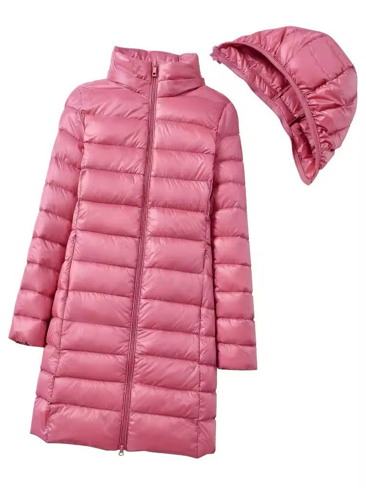 Women's X-long Office Lady Hat Detachable Puffer Jackets 2025 New Arrival Autumn Winter White Duck Down Warm Coat