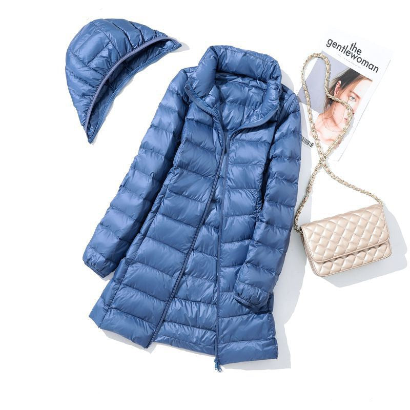 Hoody Long White Duck Down Coat Autumn Winter Portable Hooded Puffer Down Jacket Women Casual Double Zipper Windproof Thin Light