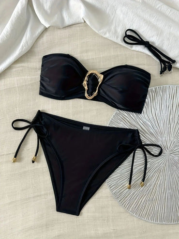 European and American sexy simple solid color fashion bikini set, side tie with metal accessorie