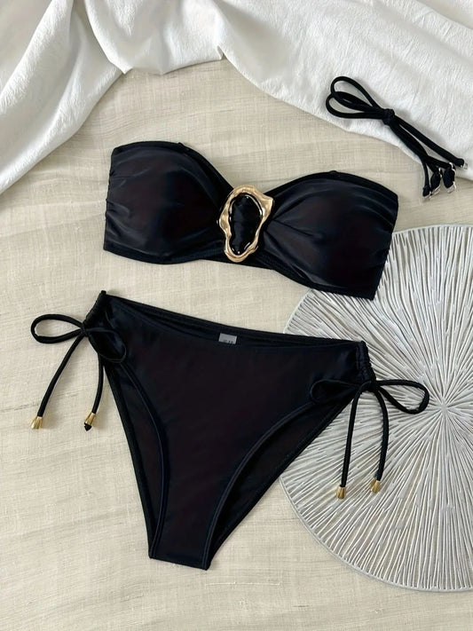 European and American sexy simple solid color fashion bikini set, side tie with metal accessorie