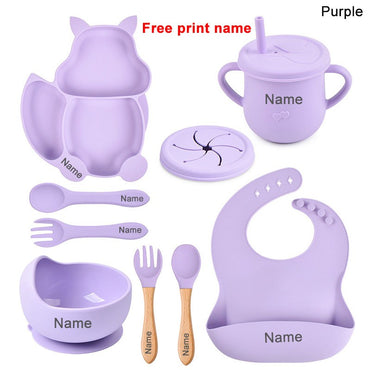 Baby Silicone Sucker Bowl Plate Cup Bibs Spoon Fork Sets Children Tableware Baby Feeding Dishes Sets Personalized Name BPA Free