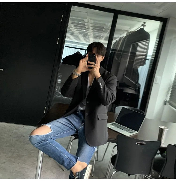 Korean Men's Casual Blazer Western-style Loose-fit Black Single-breasted Jacket Autumn Trendy Dongdaemun Style Clothes