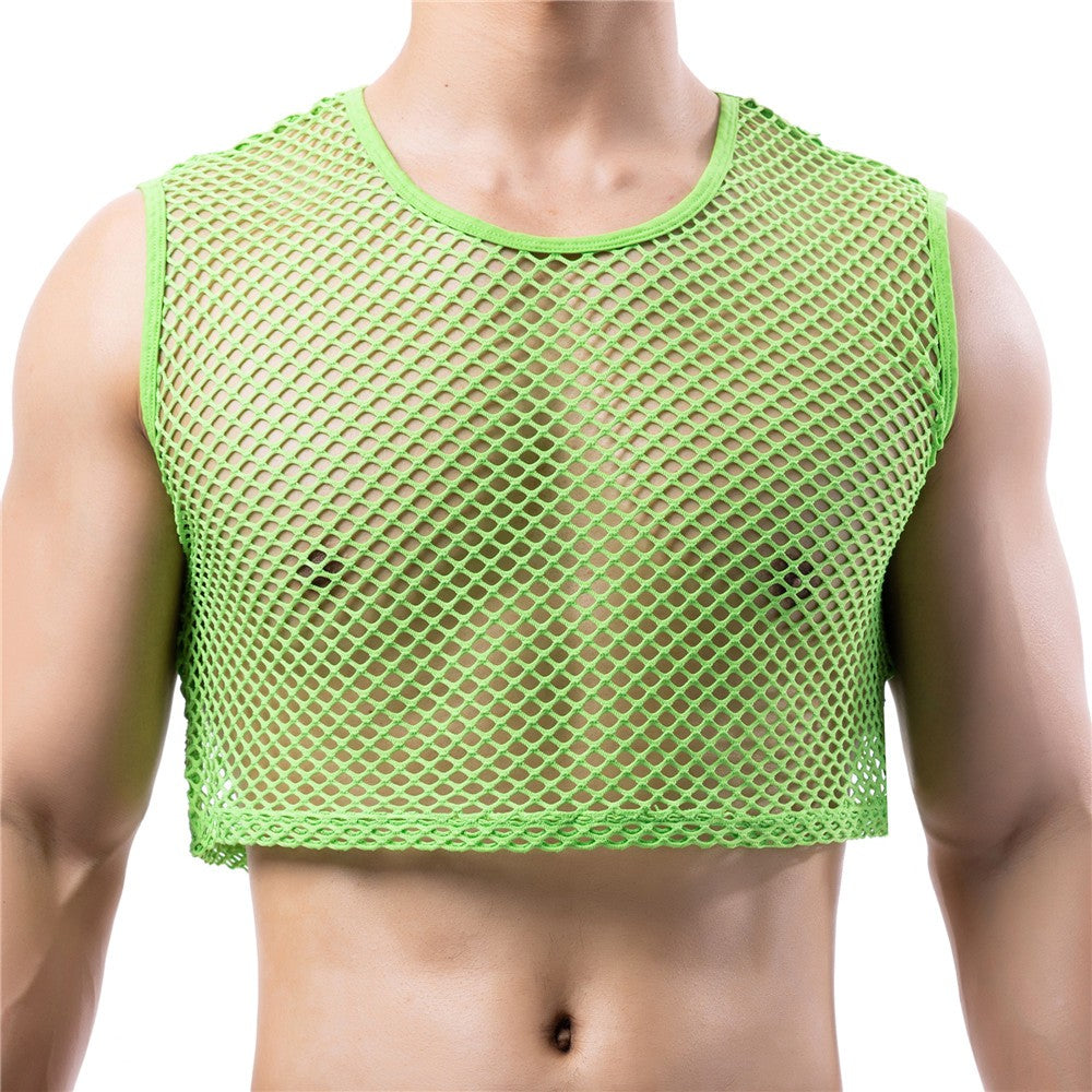 Mens Transparent Fishnet Crop Top Sexy Mesh Hollow Out Tank Tops Gym Fitness Sleeveless Undershirts T-shirts Nightclub Mini Vest