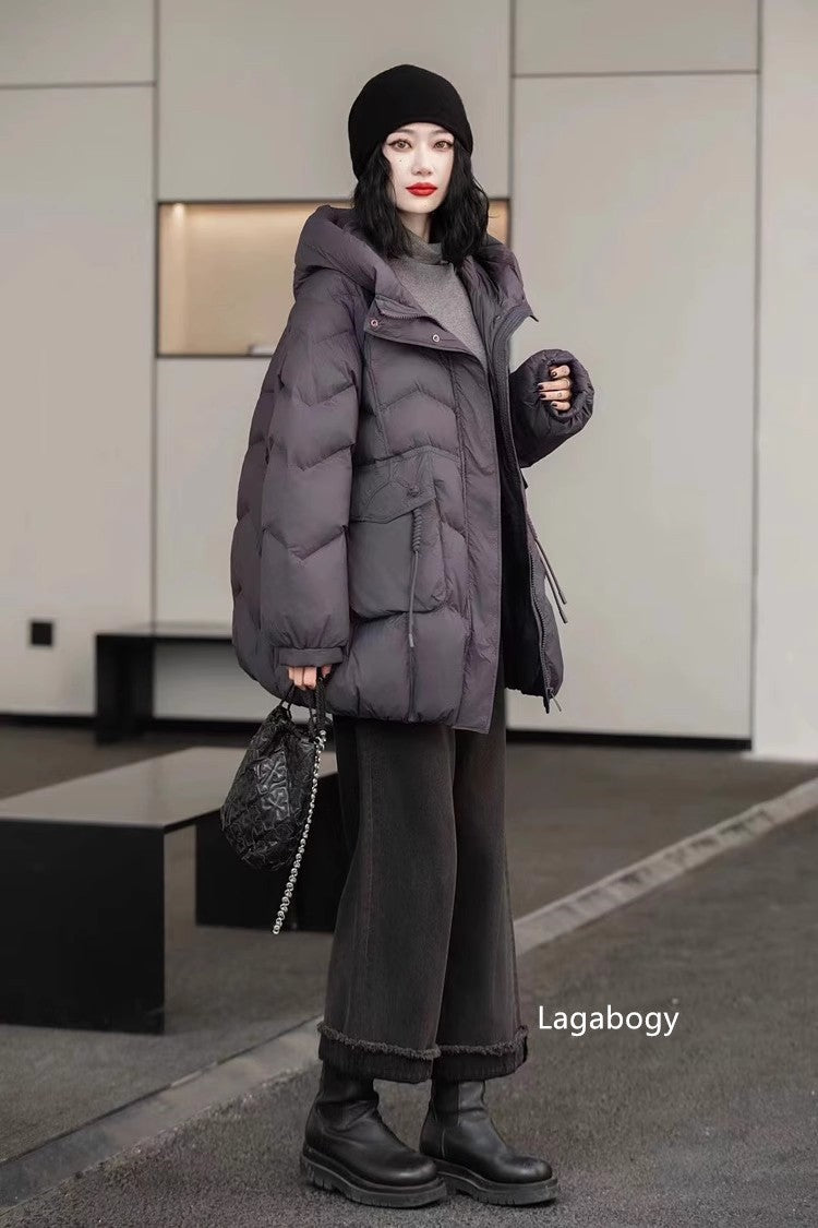 Lagabogy 2025 Women Autumn Winter Vintage Style Loose Casual Mid-Long Hooded Warm Puffer Coat Female 90% White Duck Down Jacket