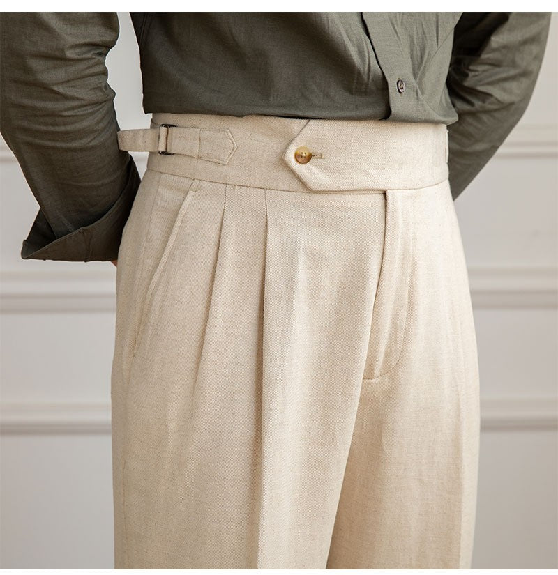 Three Gentleman Summer Naples Casual Straight Pants Men's Commuting Cotton and Linen Comfortable Breathable High Waist Pants