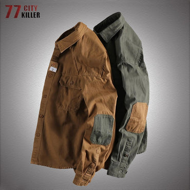 Long Sleeve Tactical Shirts Men Patch Cargo Shirt Cotton American Casual Vintage Tooling Jacket Outdoor Workwear Blusas
