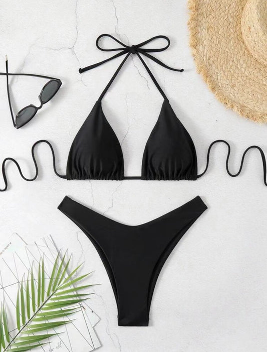 2025 New Bikini Set Women Sexy Simple Solid White/Black/Coffee Halter Bikini Swimsuit Lace Up Brazilian Beach Bathing Suit
