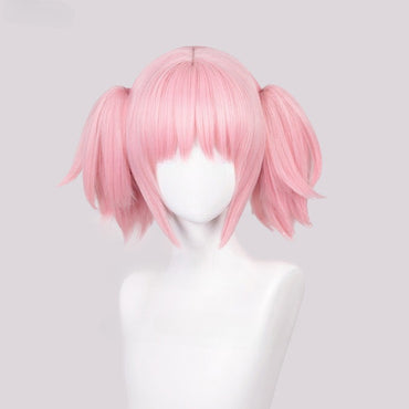 Peruca Sintética Cosplay Anime Madoka Kaname, Rosa Curta, Presilhas de Rabo de Cavalo, Resistente ao Calor, Festa, Perucas de Cosplay de Anime