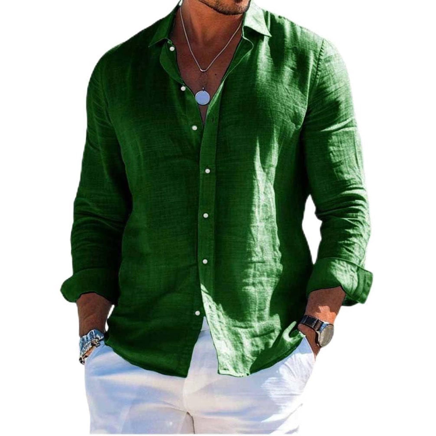 Men's tops long sleeve new style shirt cotton linen cool solid color loose lapel casual beach style cardigan spring and summer