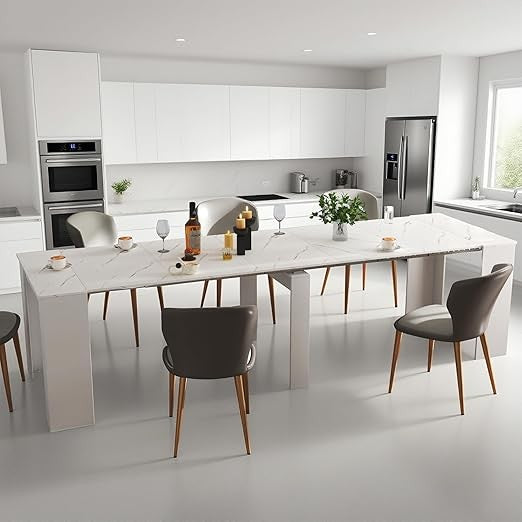 Modern 20 to 118.5 Inch Expandable Dining Table, White Marble Top, Seats 2 to 12 People