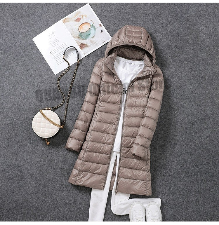Women Ultra Lightweight Packable Long Puffer Jacket 2023 New Autumn Winter Warm Hat Detachable Hooded Female Coat Parka 5XL 7XL