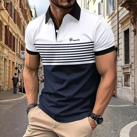 Summer Men's Stripe Print Polo Shirt Short Sleeve Turn-Down Collar Button Tshirts &for Men Casual Streetwear New Male Tops