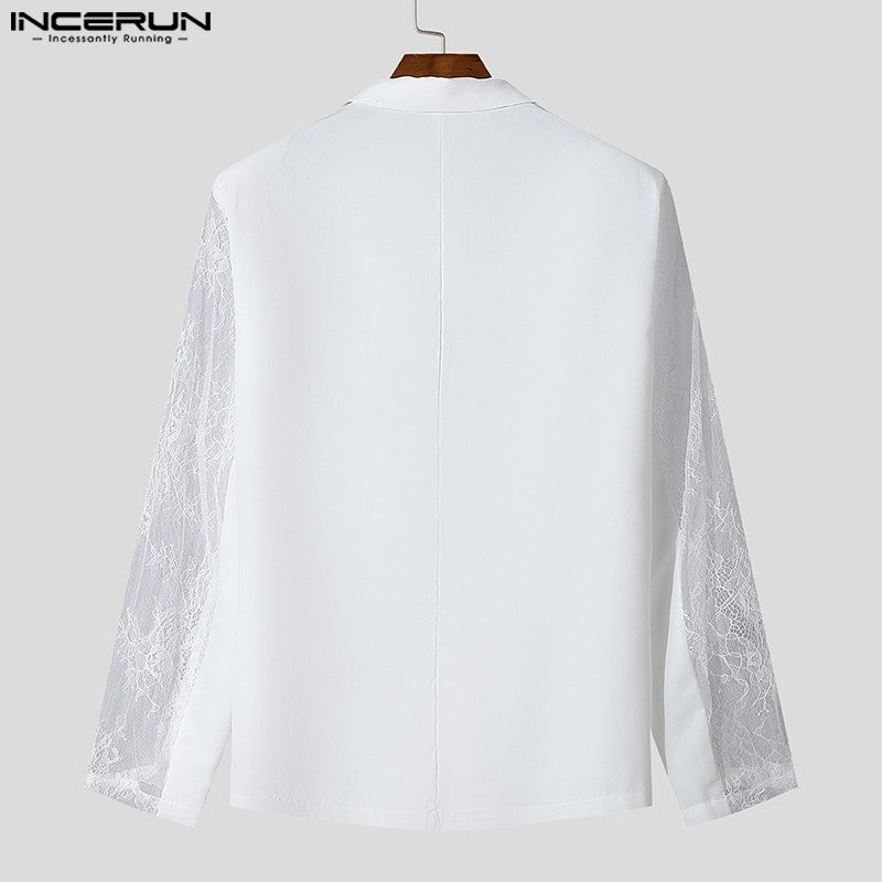 INCERUN Tops 2024 American Style Fashion Mens Perspective Lace Splicing Design Suit Coats Casual Solid Long Sleeved Blazer S-5XL