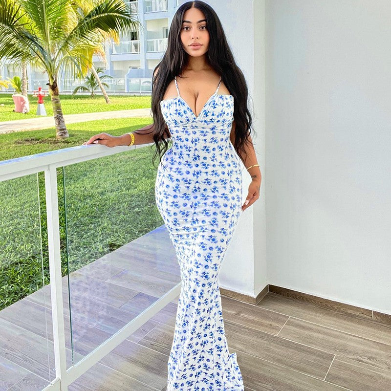 Hugcitar Floral Print Sleeveless Backless Slips Lace Up Maxi Dress Sexy Bodycon