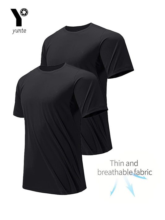 Round Neck T-Shirt 2-Pack Black Ultra-Light Men's Quick Drying Breathable Sweat-Absorbent Shirt Suitable for Fitness Gym and Run