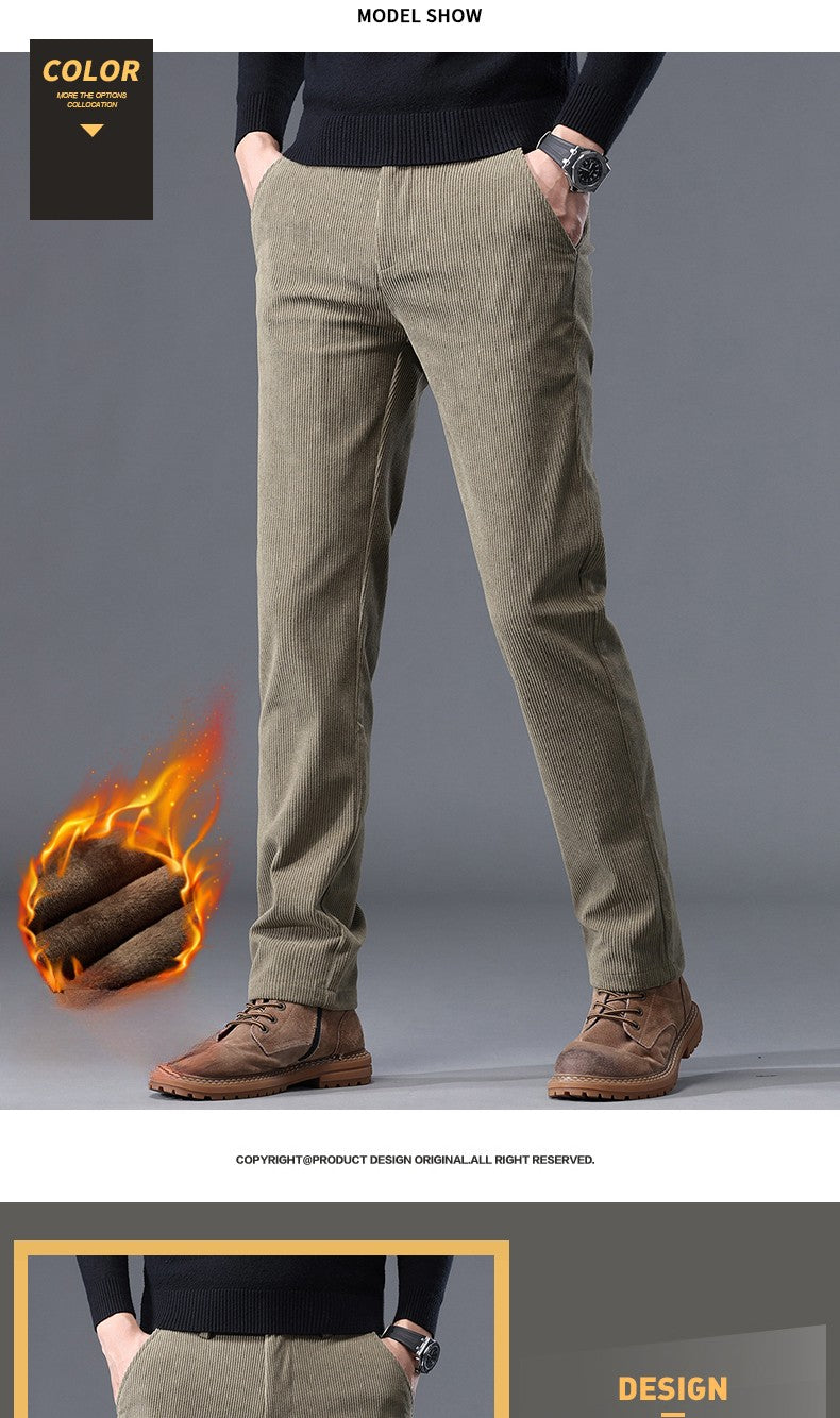 Khaki Black Gray Fleece Men's Corduroy Casual Pants Chenille Thick Stretch Business Trousers Mid-rise Brand Winter Thermal Pants