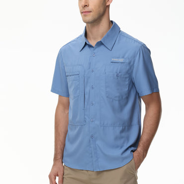 Summer Men's UPF 50+ Fishing Shirts, Casual Breathable Short Sleeve Cargo Fishing Shirt, Button Down Tactical Shirts Blouse