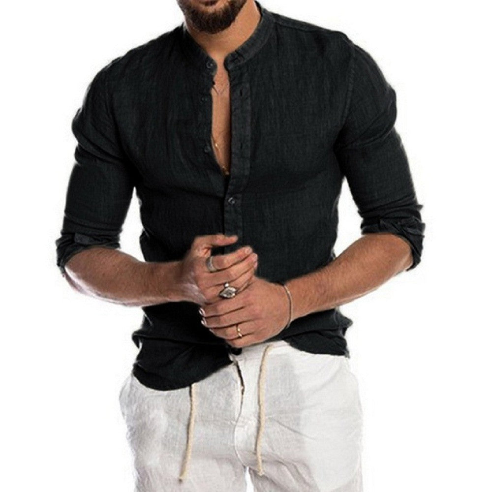 Cotton Linen Hot Sale Men's Long-Sleeved Shirts Summer Solid Color Stand-Up Collar Casual Beach Style Plus Size
