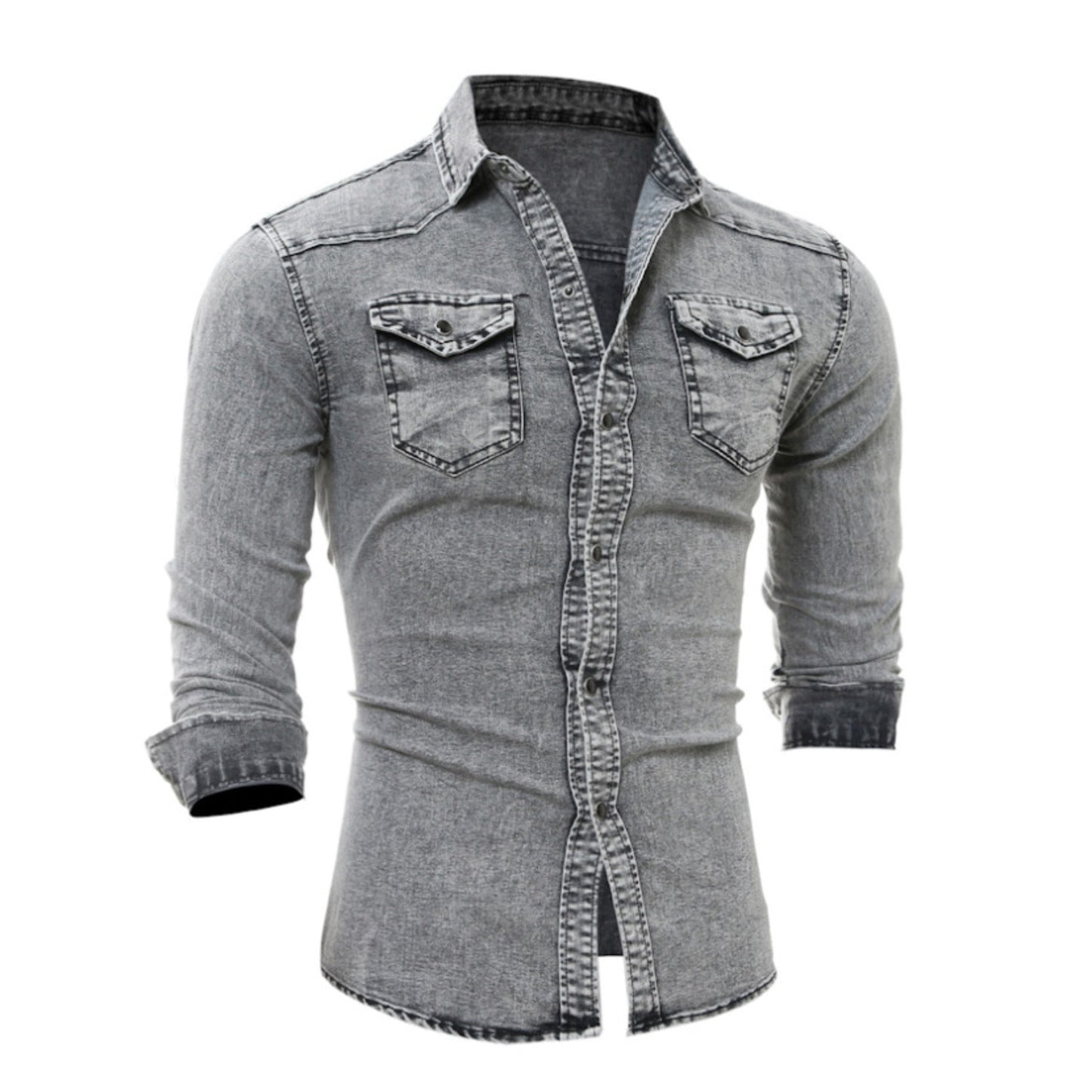 Men'S Autumn Fashion Clothing Casual Fashion Long Sleeve Lapel Shirts Solid Color Denim Washed Shirt Men'S Tops