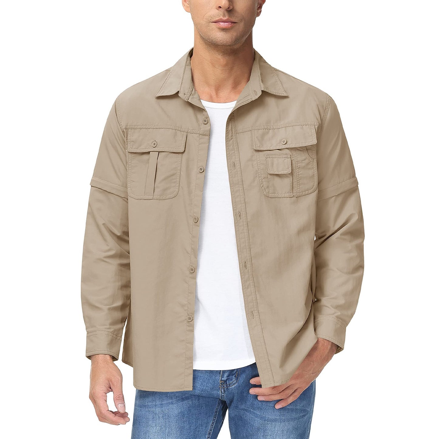 TACVASEN Summer Quick Dry Long Sleeve Cargo Work Shirts with Pockets Mens Safari Hiking Shirts Button Down Shirts Clothes Males