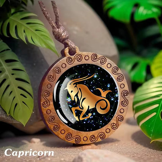 Vintage 12 Zodiac Sign Glass Wooden Necklace Adjustbale Long Rope Chain Necklace Constellation Jewelry