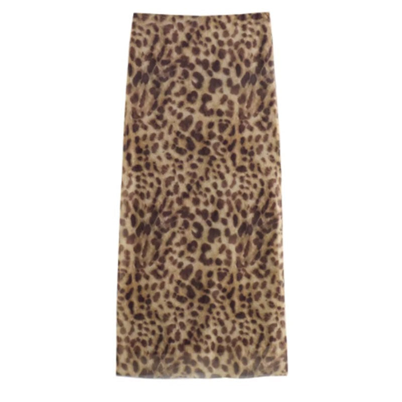 Women Leopard Tulle Midi Skirt 2024 Summer Fashion High Waist Elasticated Waistb