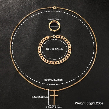 Stainless Steel 3pcs Jewelry Set for Men Cross Pendant Chain Necklace Bracelet Ring Set Personality Design Accessories Gifts