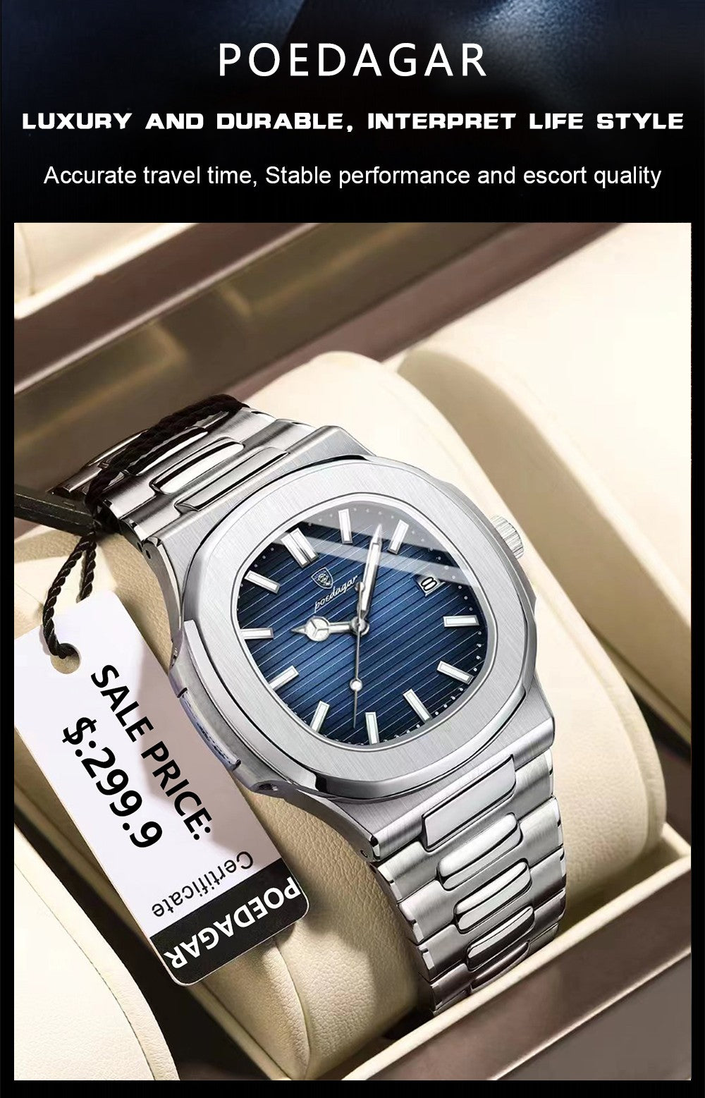Relógio Masculino de Luxo POEDAGAR 50 ATM À Prova D'água Relógio Masculino Luminoso Data Aço Inoxidável Quadrado Quartzo Relógios Masculinos reloj hombre