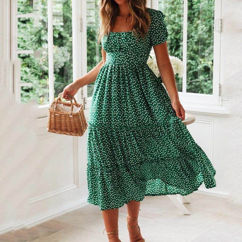 Vestidos Vintage Vintage Print Puff Sleeve summer Beach sweet dresses Casual Squ